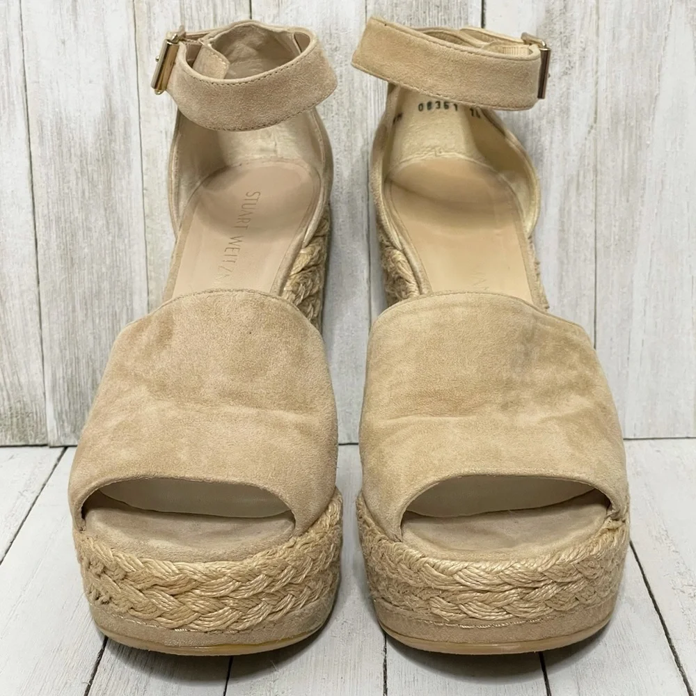 STUART WEITZMAN Sohojute Suede Ankle Strap Platform Espadrilles Wedge Sandals